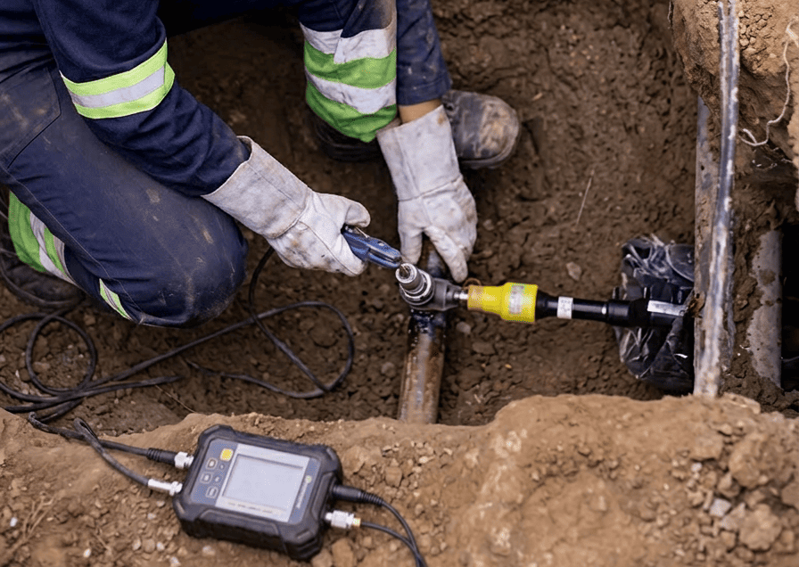 Technicien raccordant une canalisation souterraine dans une tranchée avec appareillage de contrôle