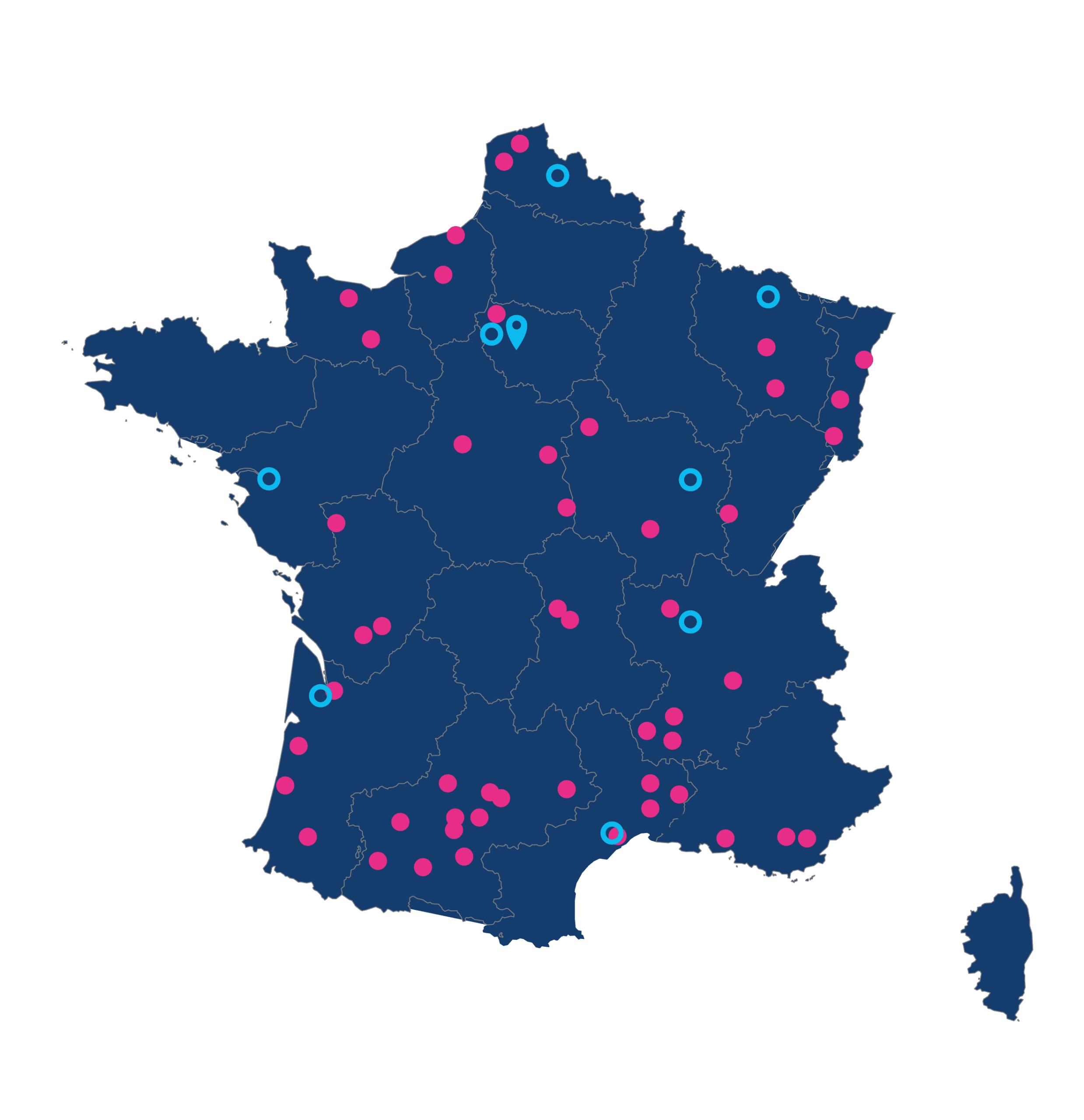 Carte de France représentant les implantations du Groupe ENSIO avec plus de 60 agences et sites répartis sur l'ensemble du territoire national